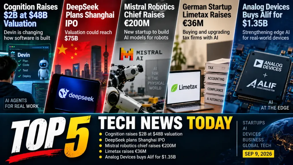 Top 5 Startup Tech News Today Cognition’s $48B Surge, DeepSeek IPO Plans, Mistral Robotics Spinout, German Tax AI Roll-Up & Edge AI Deal