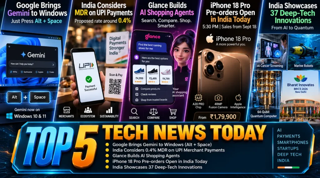 Top 5 Tech News Today Gemini Comes to Windows, UPI MDR May Return, Glance Builds AI Shopping Agents, iPhone 18 Pro Pre-orders Open, India Showcases 37 Deep-Tech Innovations
