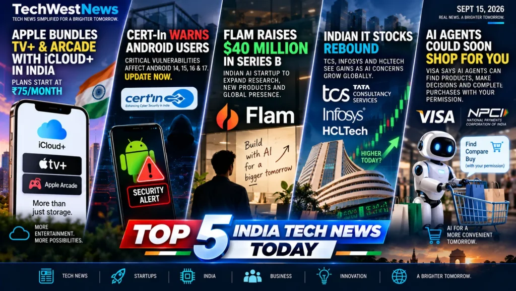 Top 5 India tech news featuring Apple iCloud+, CERT-In Android warning, Flam funding, Indian IT stocks and AI shopping agents