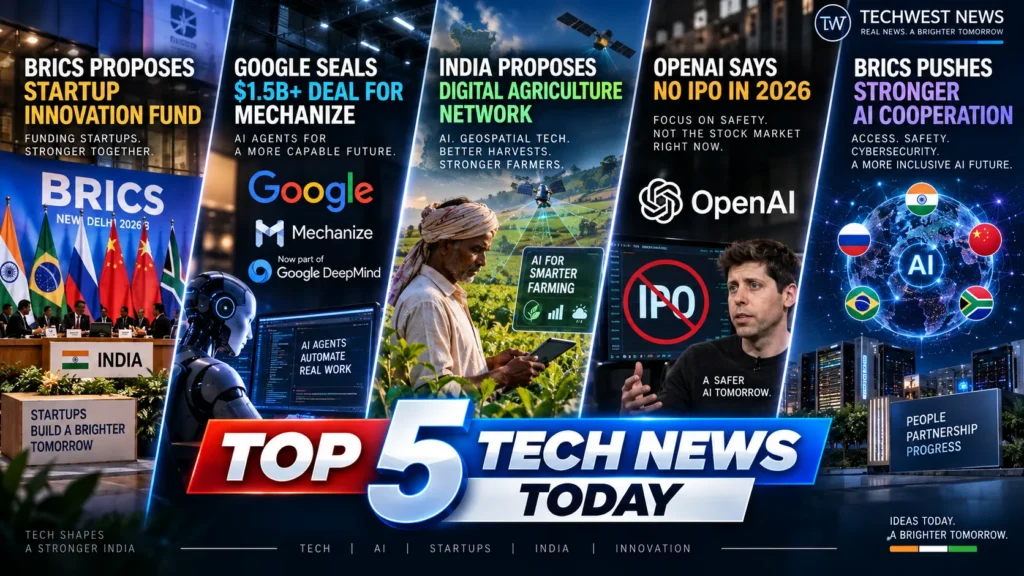 TechWestNews graphic featuring BRICS startup funding, Google’s Mechanize AI deal, AI-powered agriculture, OpenAI’s 2026 IPO decision and BRICS AI cooperation.
