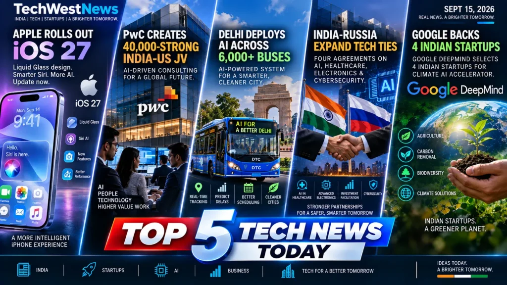 Top 5 tech news today featuring iOS 27, PwC India, Delhi AI buses and Google DeepMind