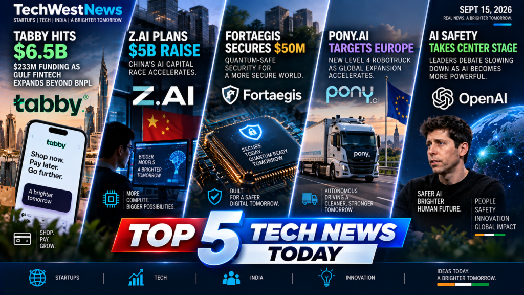 Top 5 tech news featuring Tabby fintech, Z.AI funding, Fortaegis cybersecurity, Pony.ai autonomous trucks and AI safety